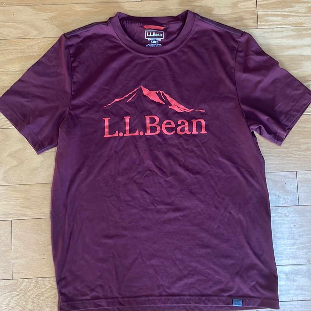 Men’s LL Bean shirt, NWOT, dark purple with dark orange lettering, Small